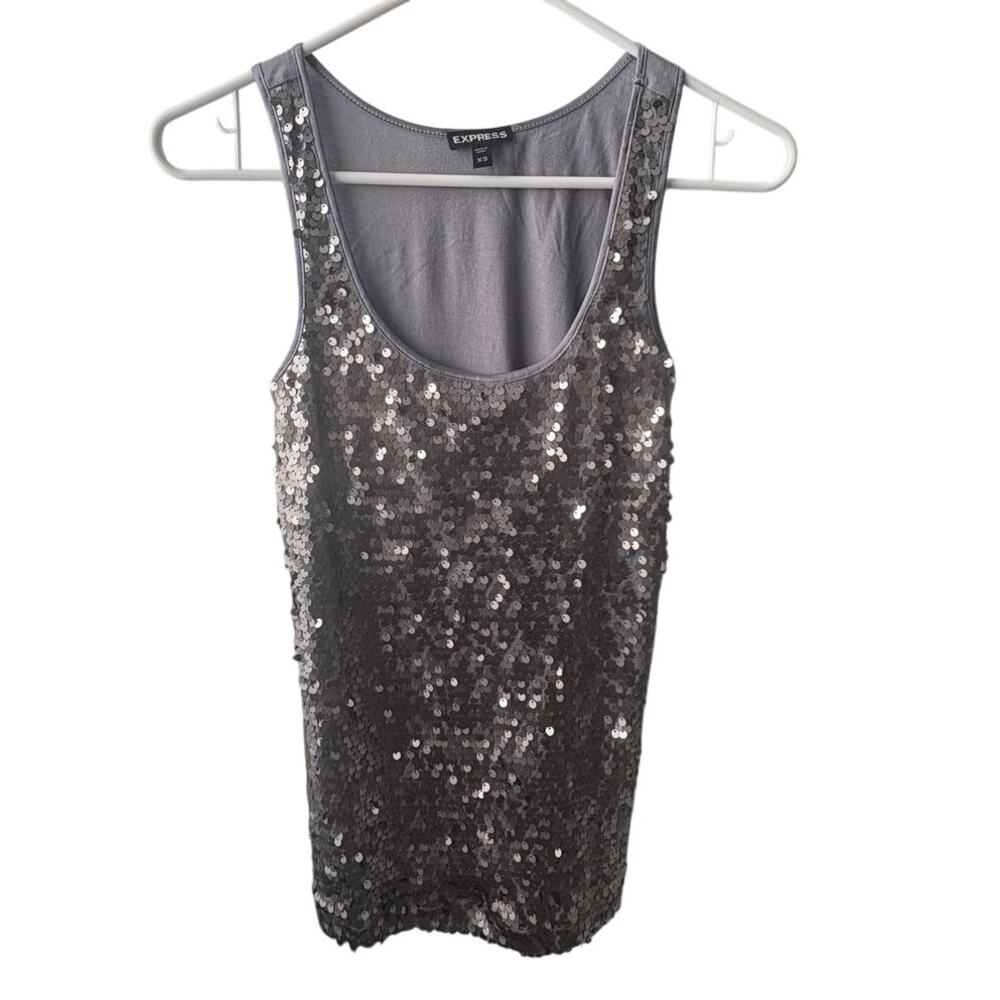 Express Women's Gray Silver Sequin Knit Scoop Neck Sleeveless Tank Top XS